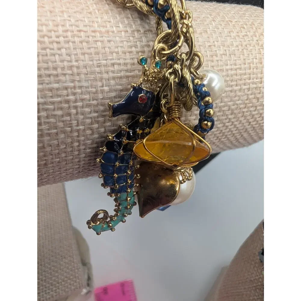 Betsey Johnson Multi-Charm Bracelet Seahorse Starfish Pearl Blue Crystal Gold